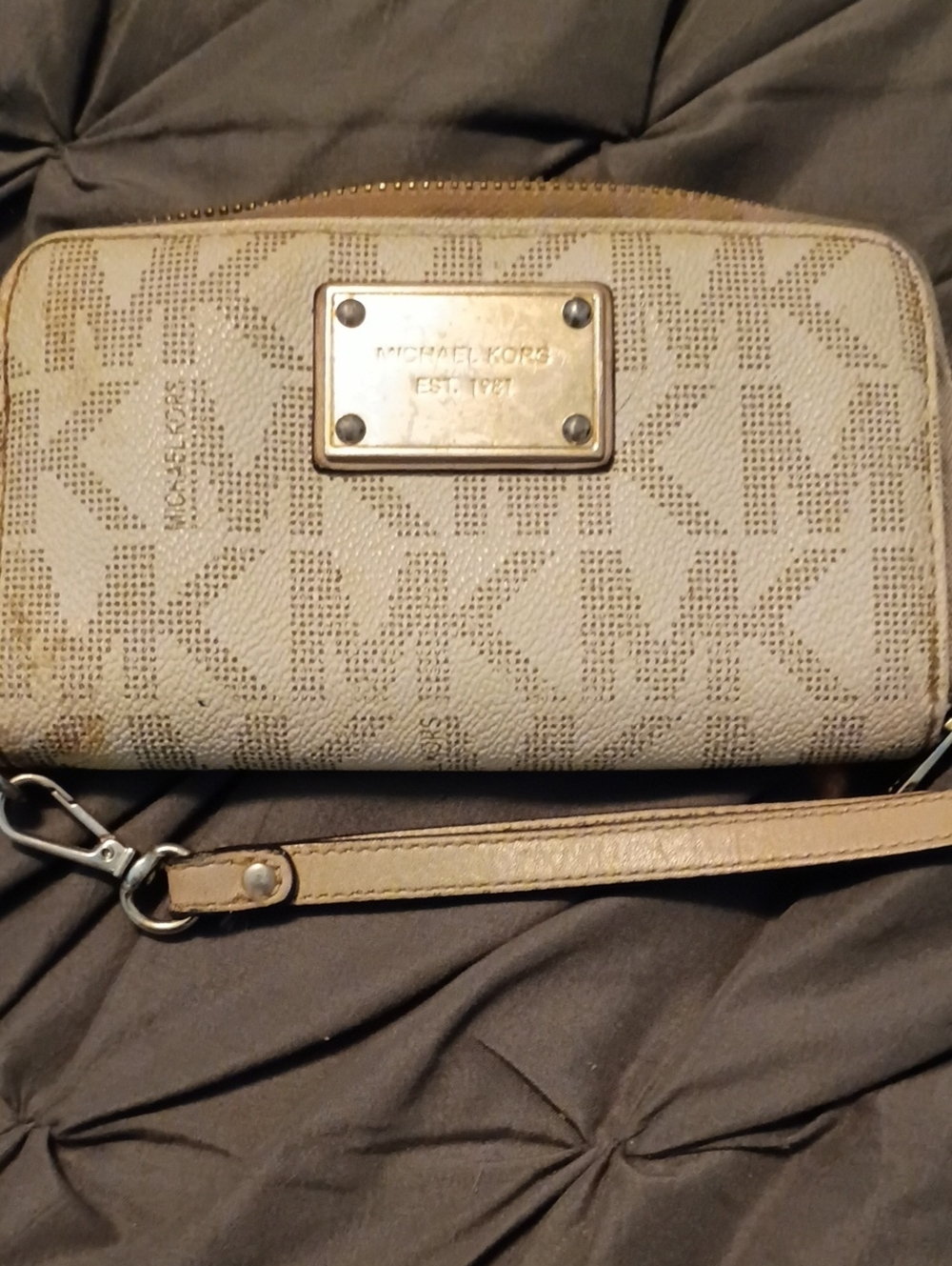 Michael Kors Beige Logo Wristlet Clutch with Gold Plate